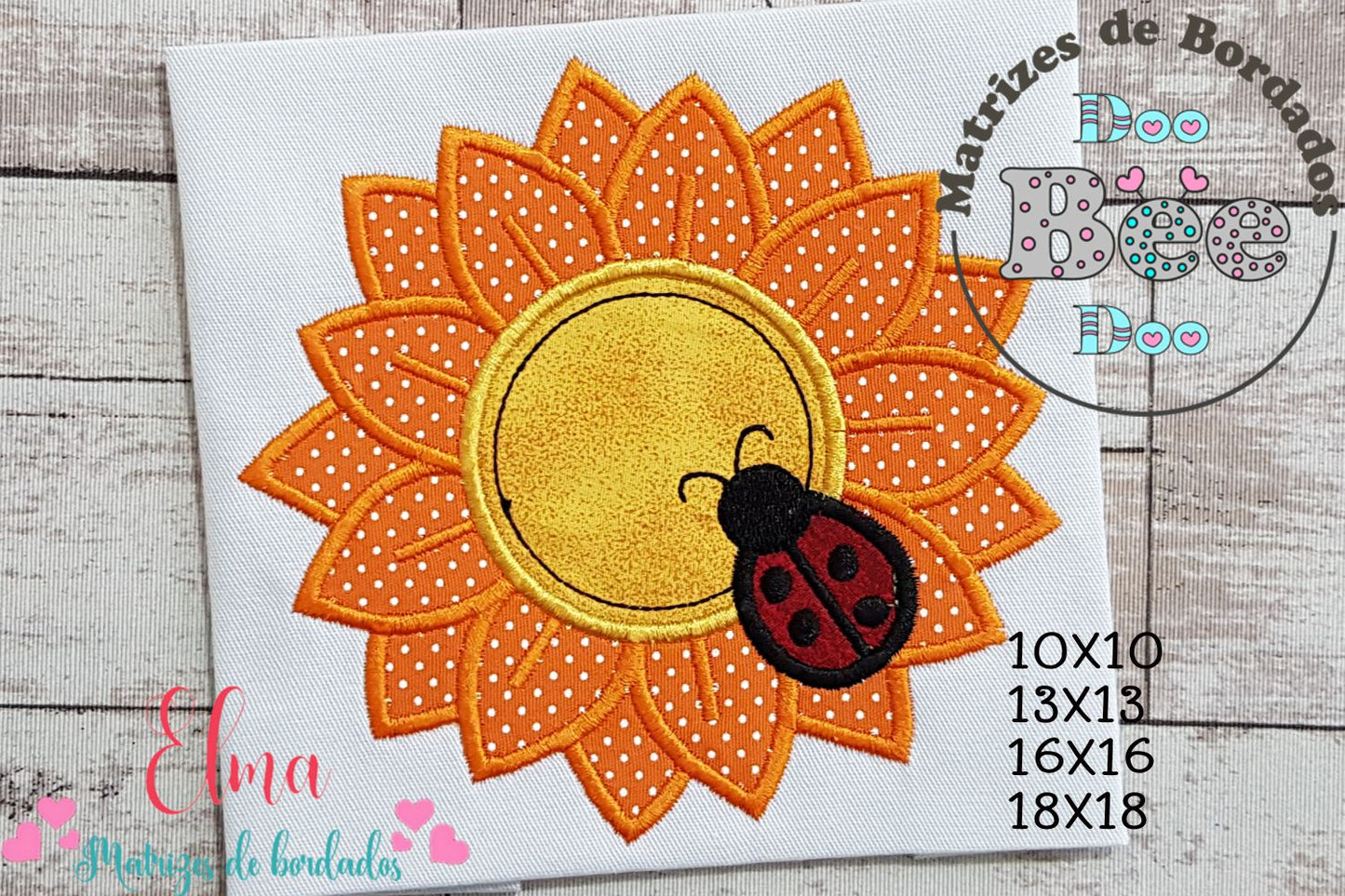 Matriz de Bordado Flor de Girassol com Joaninha – Aplique Delicado