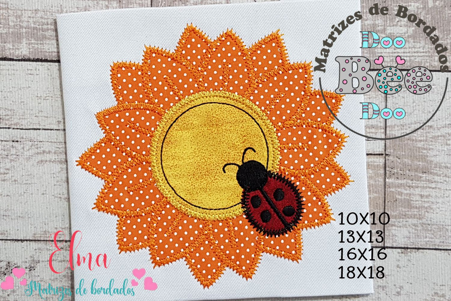 Matriz de Bordado Girassol com Joaninha Charmosa – Aplique Zig Zag