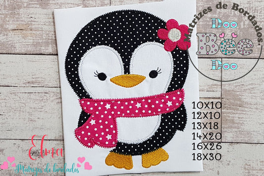 Matriz de Bordado Pinguim Menina com Cachecol – Aplique Zig Zag