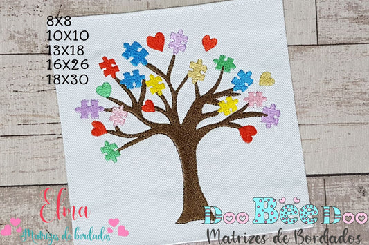 Matriz de Bordado Árvore do Autismo com Corações Coloridos – Ponto Cheio