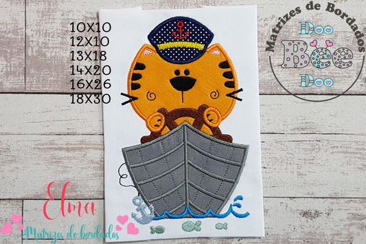 Matriz de Bordado Tigrinho Marinheiro no Barco – Aplique