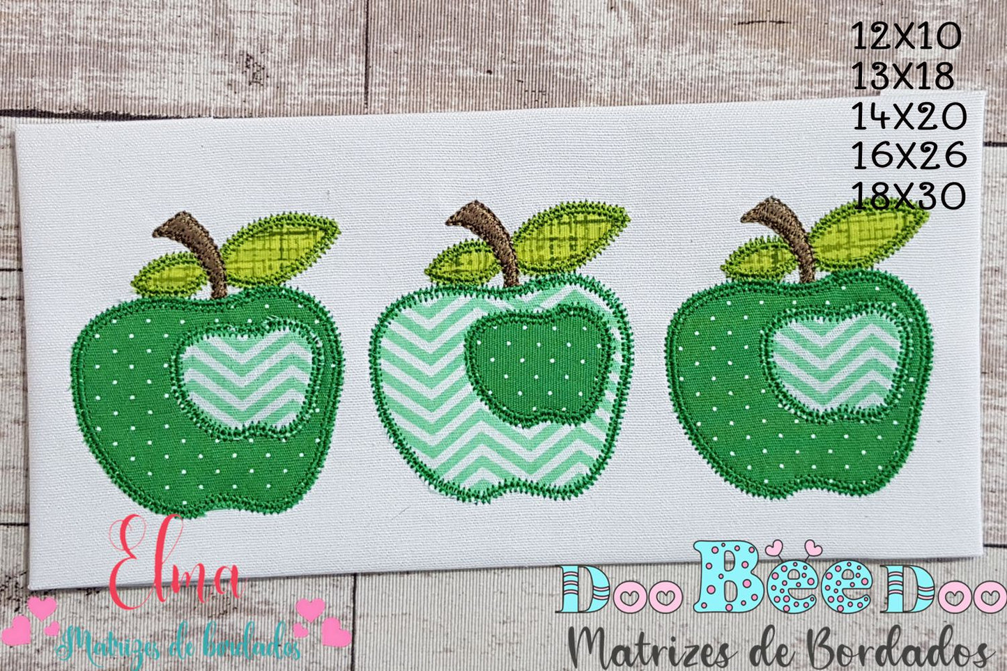 Matriz de Bordado 3 Maçãs Verdes – Aplique em Ponto Zigzag