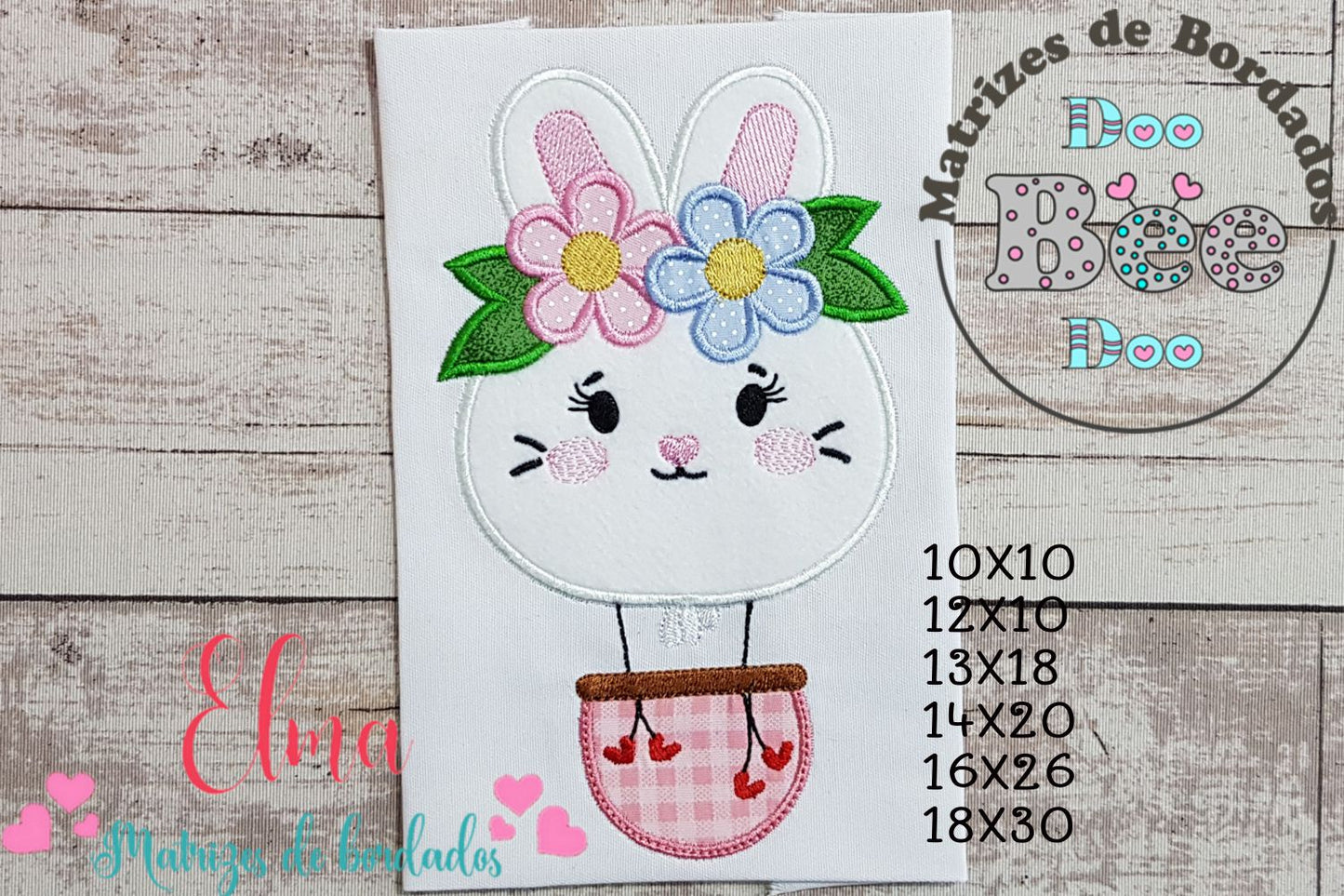 Matriz de Bordado Coelhinha com Flores no Balão – Aplique