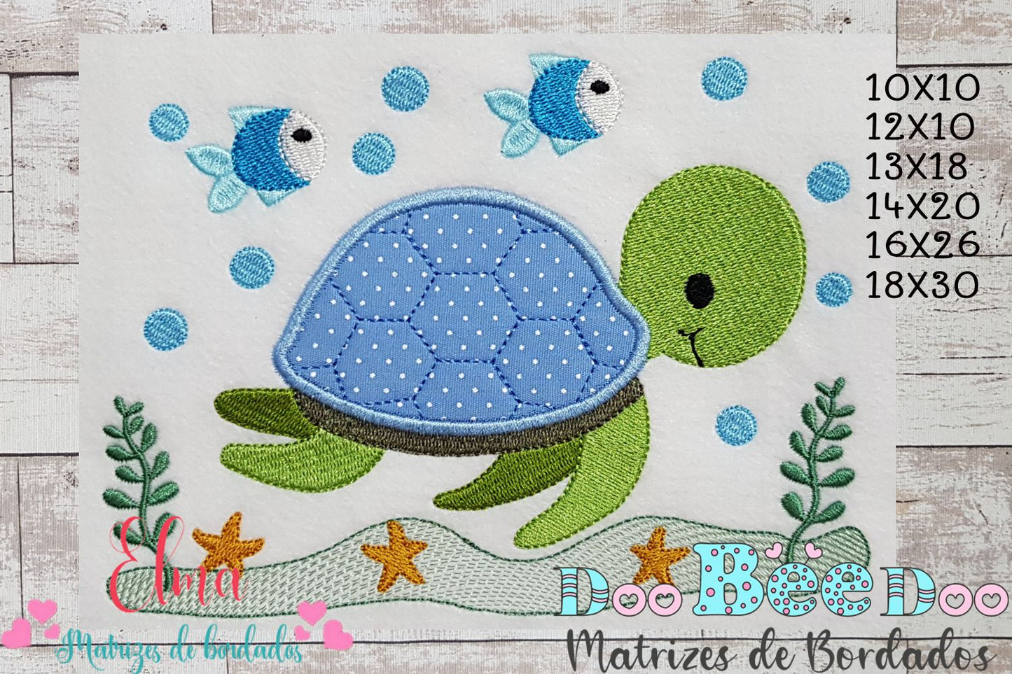 Matriz de Bordado Tartaruga com Peixinhos no Fundo do Mar – Aplique