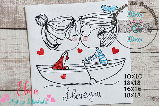 Matriz de Bordado Casal Apaixonado no Barquinho – Redwork