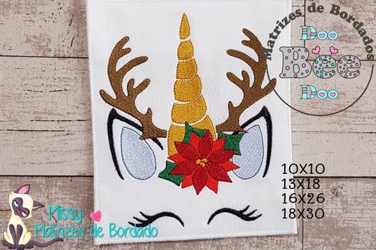 Matriz de Bordado Unicórnio Natalino com Galhos de Rena – Ponto Cheio