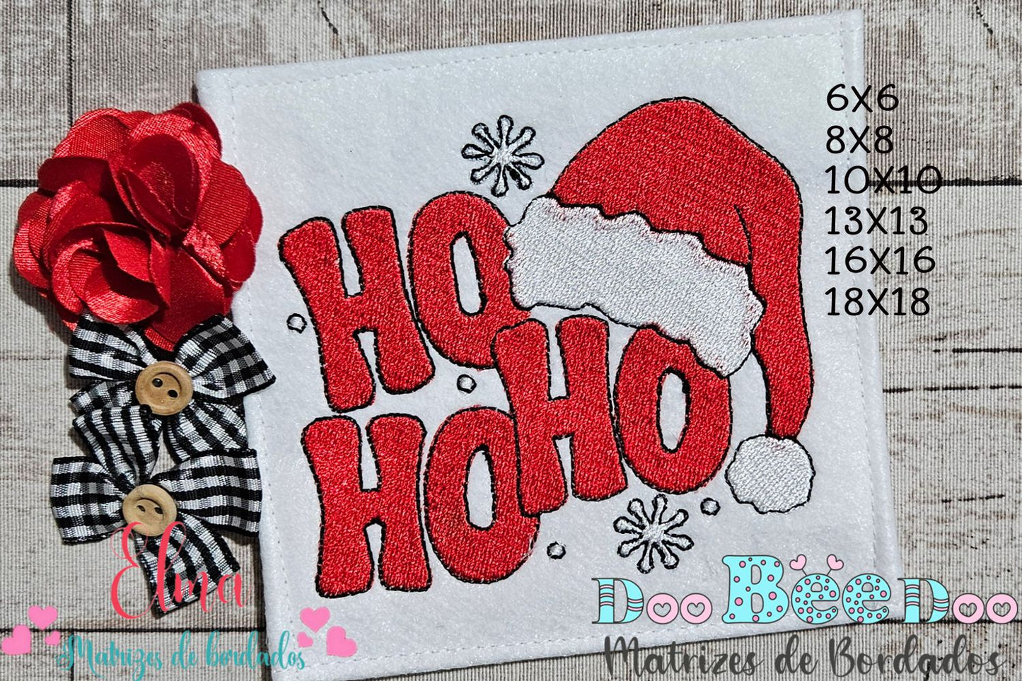Matriz de Bordado Ho Ho Ho com Gorro de Natal – Ponto Cheio
