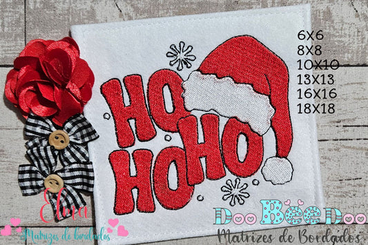Matriz de Bordado Ho Ho Ho com Gorro de Natal – Ponto Cheio