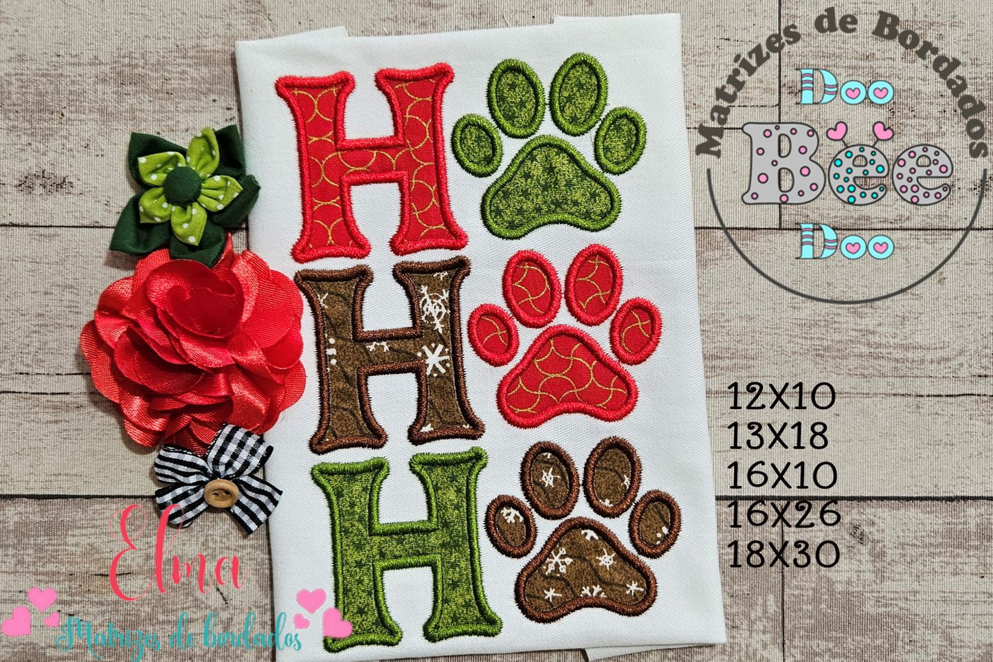 Matriz de Bordado Ho Ho Ho Patinhas Divertido de Natal – Ponto Cheio