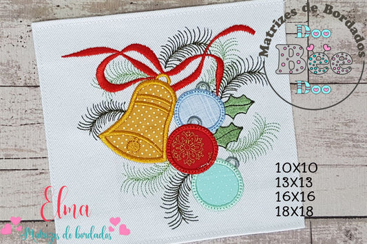 Matriz de Bordado Natal Sinos e Bolas com Laço - Aplique