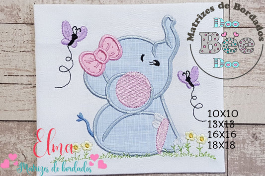 Matriz de Bordado Elefantinha com Borboletas – Aplique