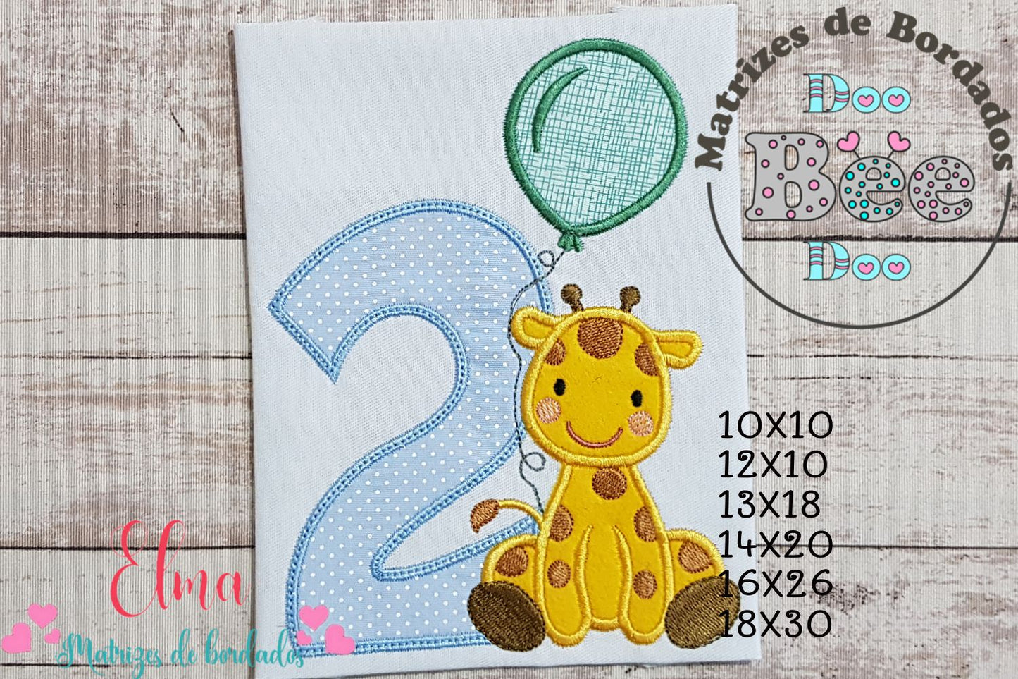 Matriz de Bordado Número 2 com Girafa e Balão – Ponto Aplique