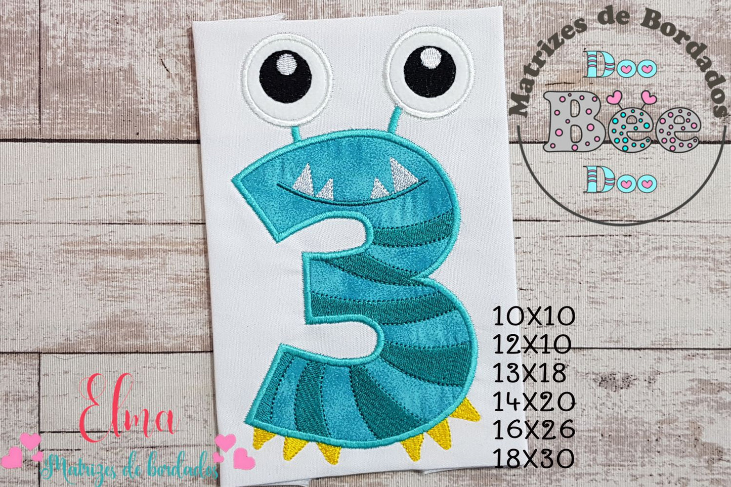 Matriz de Bordado Número 3 Divertido Monstrinho – Aplique
