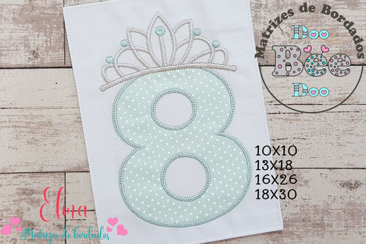 Matriz de Bordado Número 8 com Coroa de Princesa – Aplique