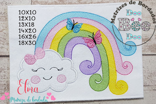 Matriz de Bordado Nuvem com Arco-Íris e Borboletas – Aplique