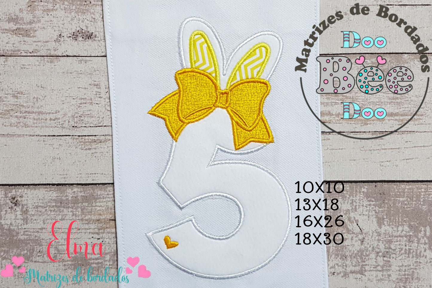 Matriz de Bordado Número 5 com Orelhinhas e Laço – Ponto Aplique