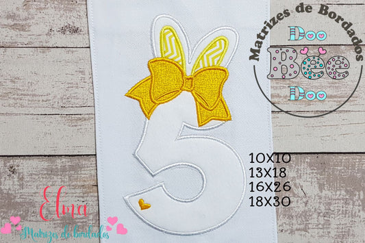 Matriz de Bordado Número 5 com Orelhinhas e Laço – Ponto Aplique