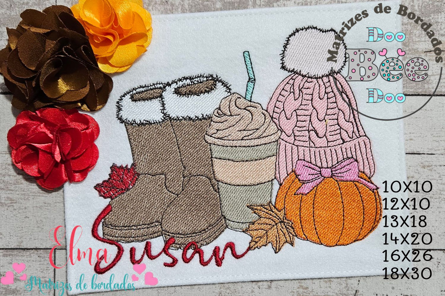 Matriz de Bordado Kit Outono Botas Café Abóbora – Ponto Cheio
