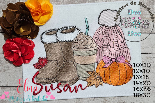 Matriz de Bordado Kit Outono Botas Café Abóbora – Ponto Cheio