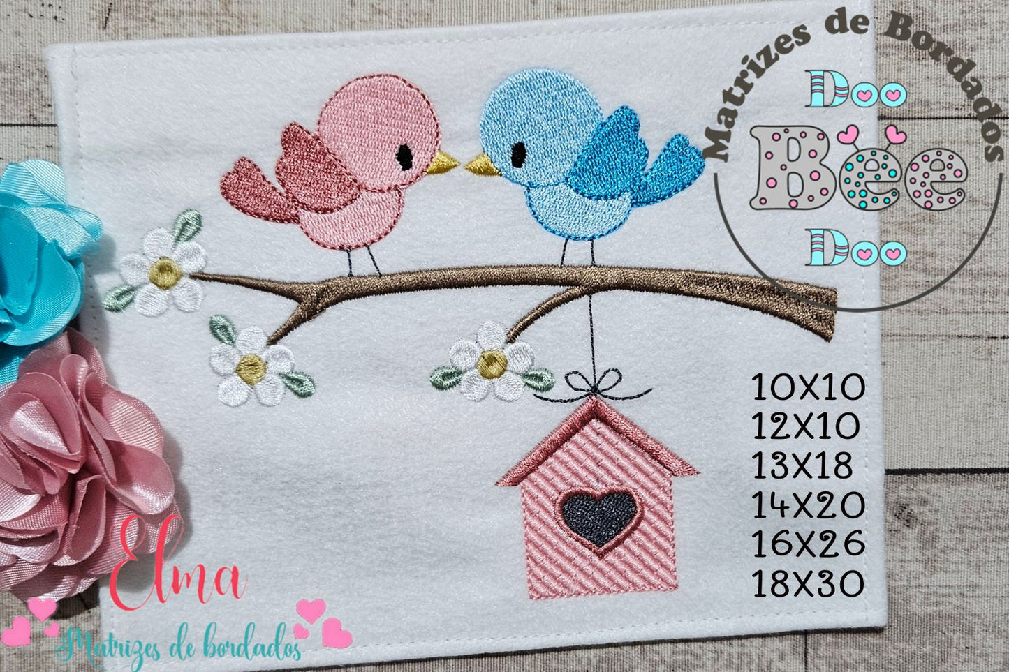 Matriz de Bordado Passarinhos no Galho com Coração – Ponto Cheio