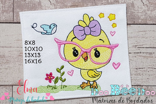 Matriz de Bordado Pintinho com Óculos Rosa e Lacinho – Rippled