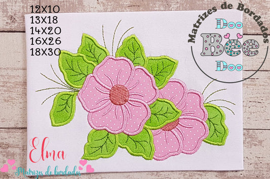 Matriz de Bordado Flores Rosa Delicadas com Folhas – Aplique