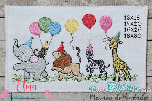 Matriz de Bordado Festa no Safari com Elefante, Leão e Amigos – Ponto Cheio