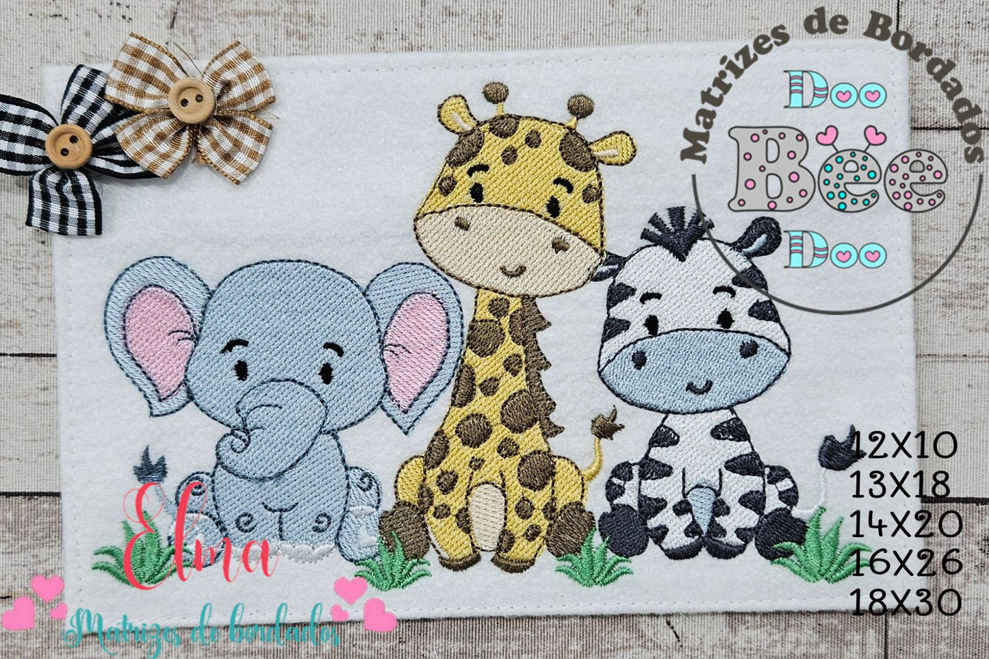 Matriz de Bordado Safari Amigos Elefante, Girafa e Zebra - Ponto Cheio