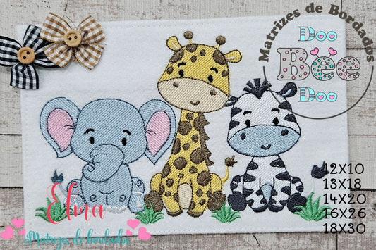 Matriz de Bordado Safari Amigos Elefante, Girafa e Zebra - Ponto Cheio