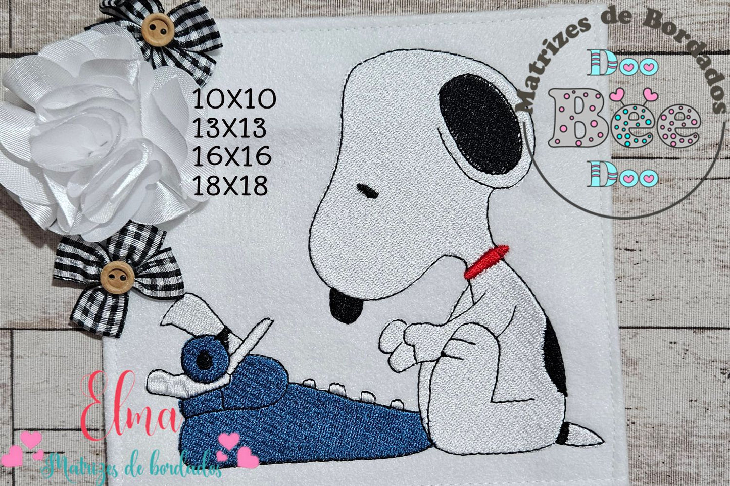 Matriz de Bordado Snoopy com Máquina de Escrever Vintage – Ponto Cheio