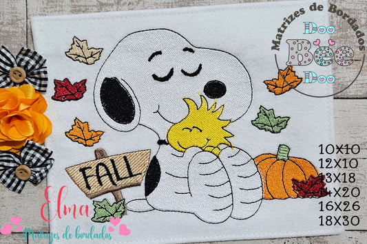 Matriz de Bordado Snoopy com Woodstock no Outono – Ponto Cheio