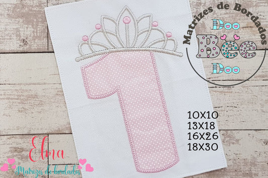 Matriz de Bordado Número 1 com Tiara de Princesa – Ponto Aplique