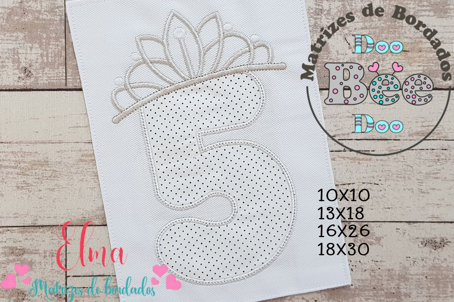 Matriz de Bordado Número 5 com Coroa de Princesa - Aplique