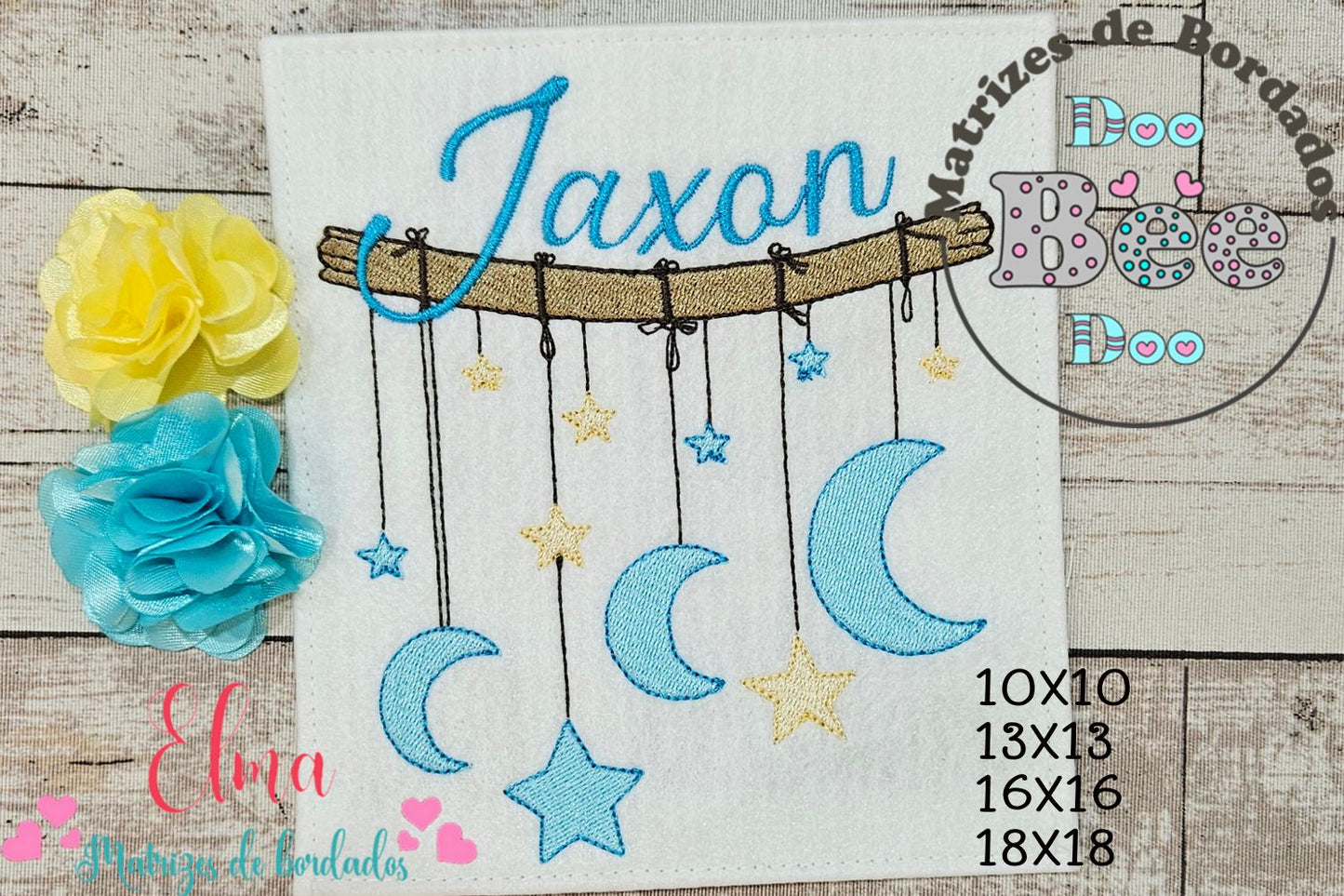 Matriz de Bordado Varal com Lua e Estrelas – Ponto Cheio