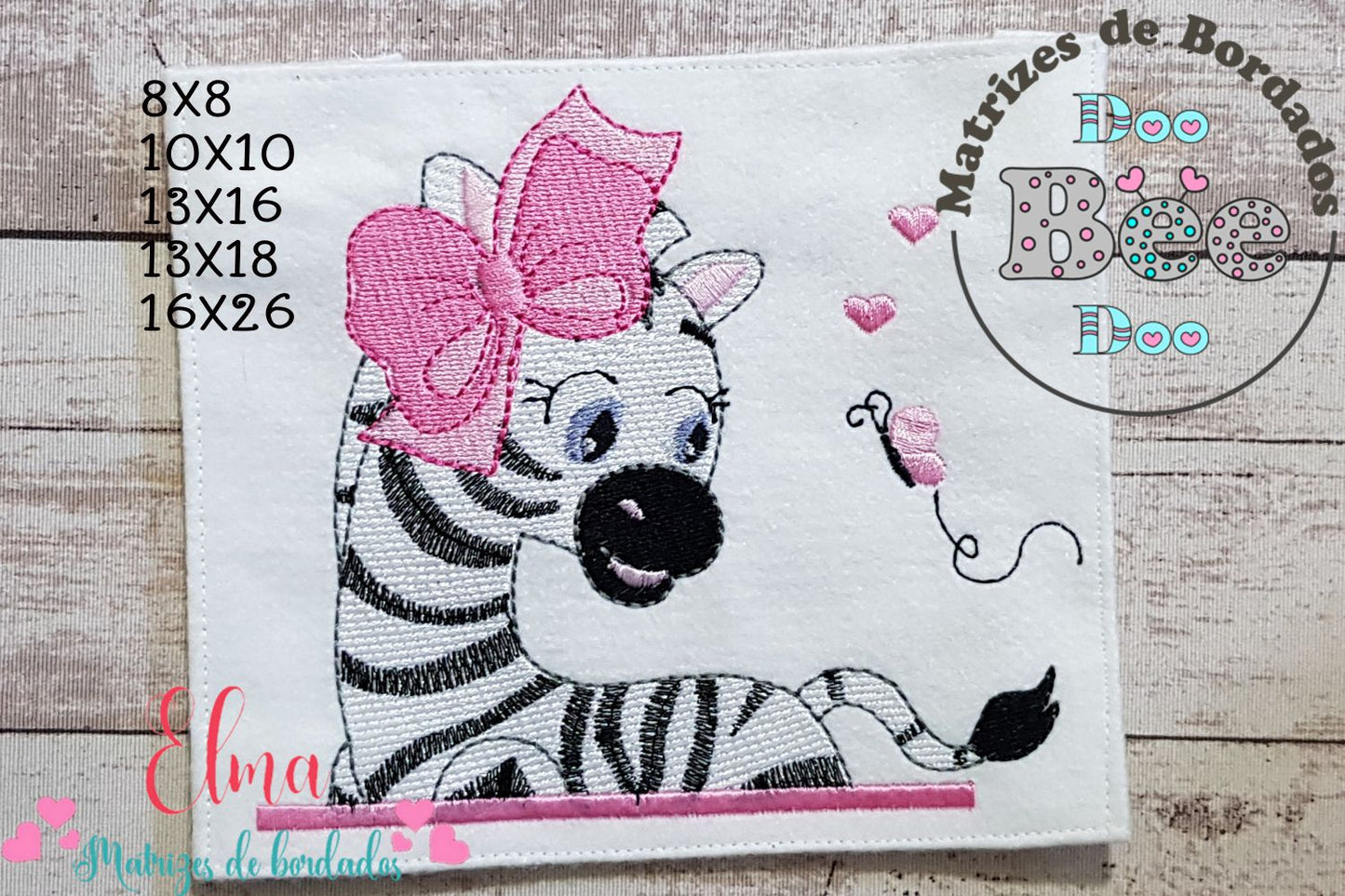 Matriz de Bordado Zebra Carinhosa com Laço – Ponto Rippled