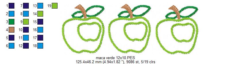 Matriz de Bordado 3 Maçãs Verdes – Aplique em Ponto Zigzag