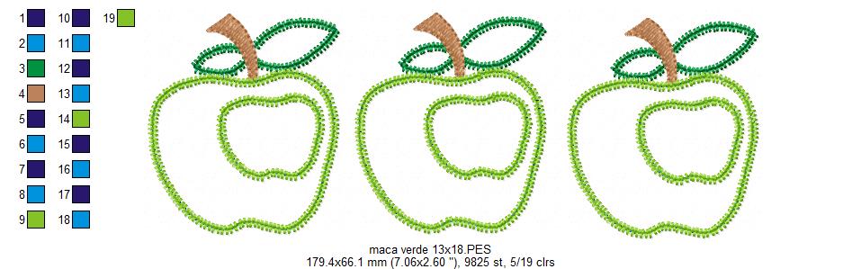 Matriz de Bordado 3 Maçãs Verdes – Aplique em Ponto Zigzag
