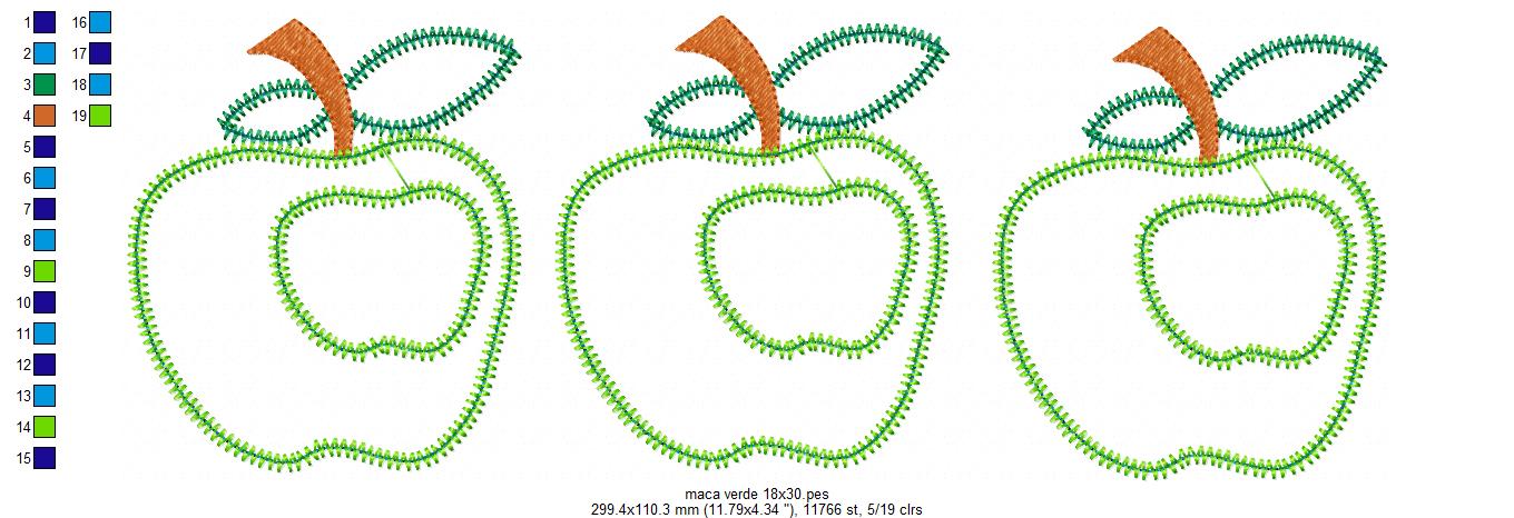 Matriz de Bordado 3 Maçãs Verdes – Aplique em Ponto Zigzag