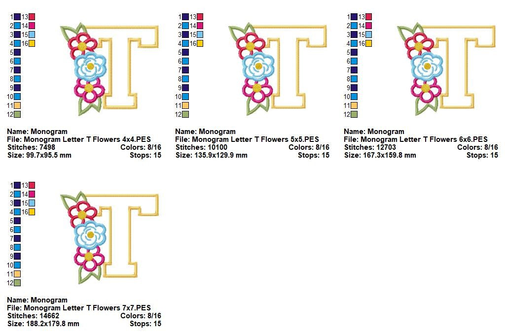 Matriz de Bordado Letra T Floral – Aplique