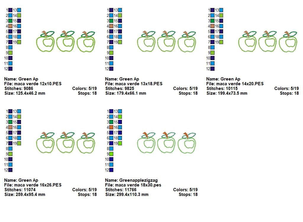 Matriz de Bordado 3 Maçãs Verdes – Aplique em Ponto Zigzag