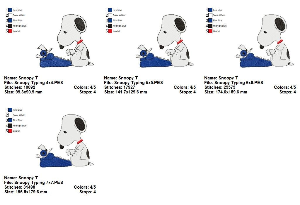 Matriz de Bordado Snoopy com Máquina de Escrever Vintage – Ponto Cheio
