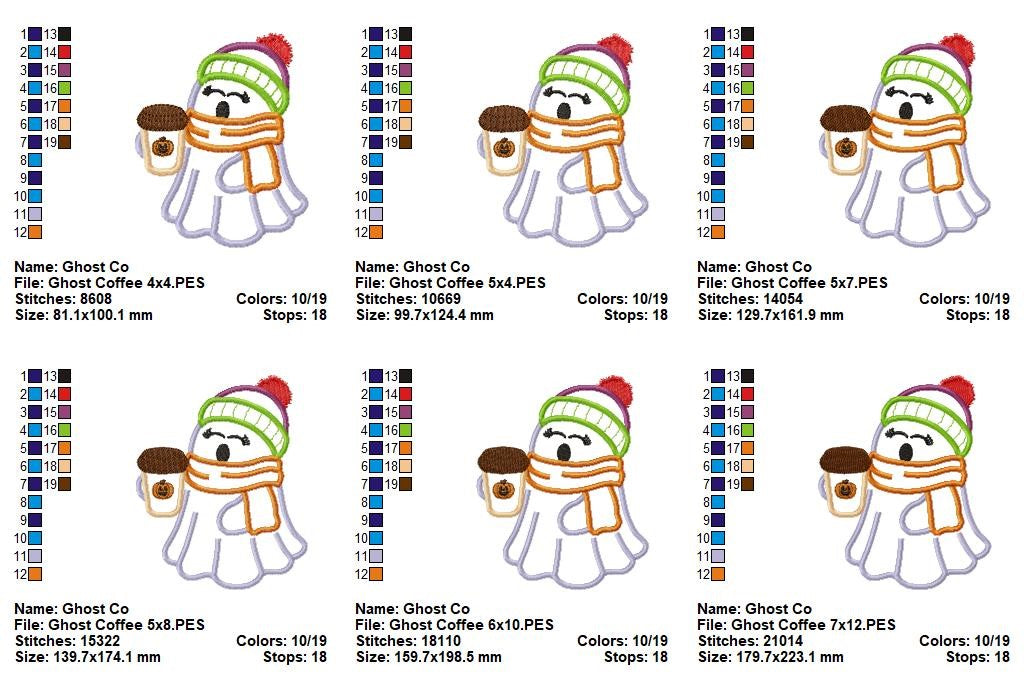 Matriz de Bordado Fantasma Fofo com Cachecol e Café – Aplique