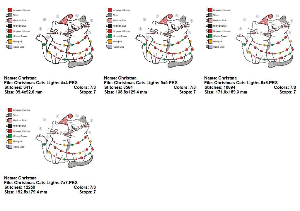 Matriz de Bordado Gatinhos Natalinos Enrolados nas Luzes - Redwork