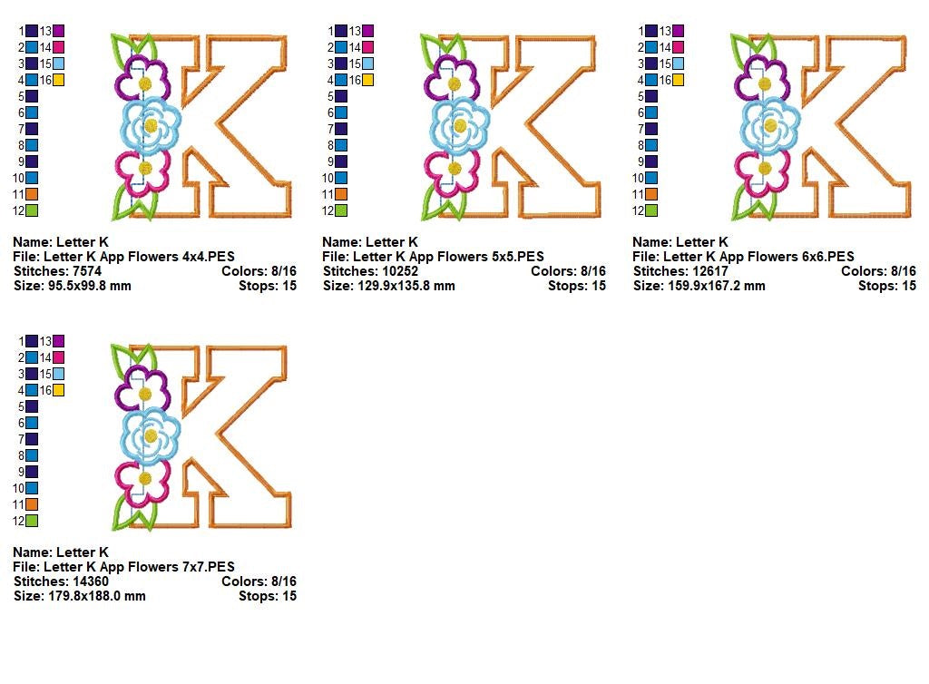 Matriz de Bordado Alfabeto Floral Letra K - Aplique