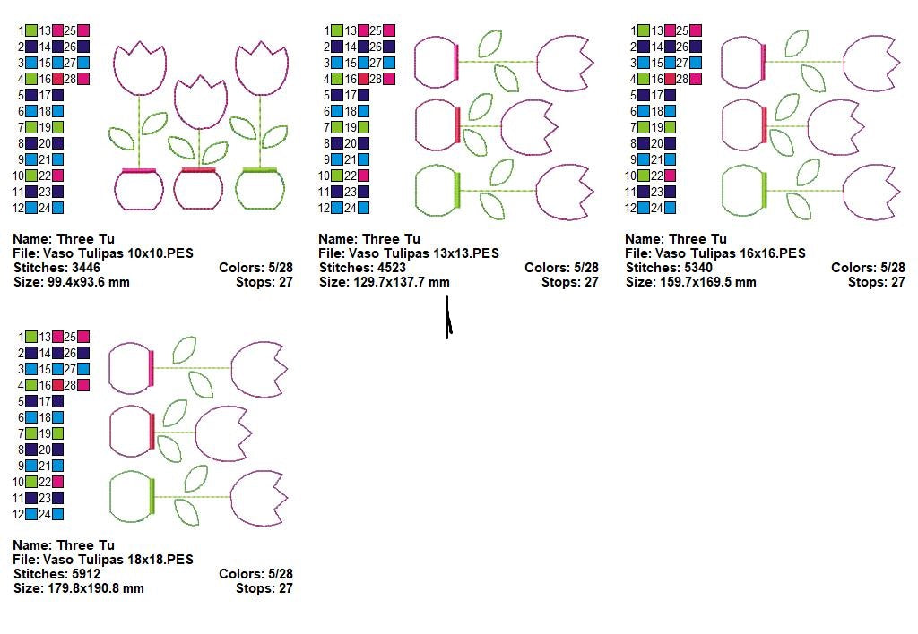 Matriz de Bordado 3 Tulipas no Vaso – Aplique Raggy Charmoso