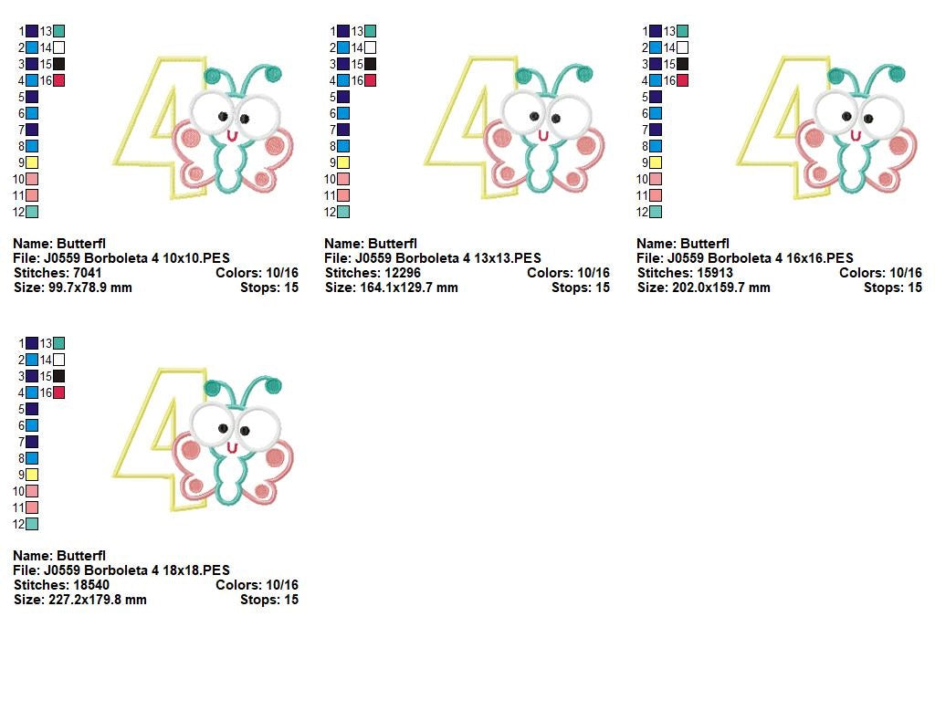 Matriz de Bordado Borboleta Baby com Número 4 – Aplique