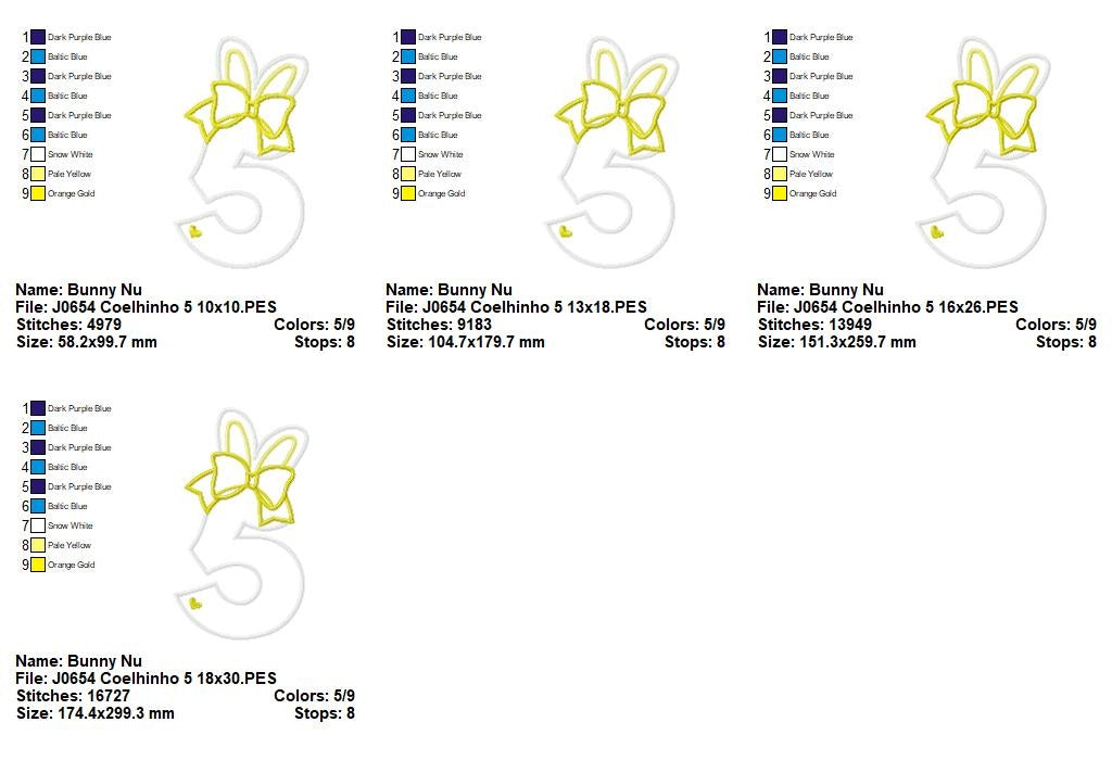 Matriz de Bordado Número 5 com Orelhinhas e Laço – Ponto Aplique