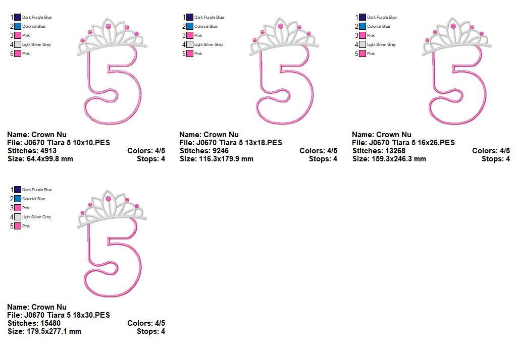 Matriz de Bordado Número 5 com Coroa de Princesa - Aplique