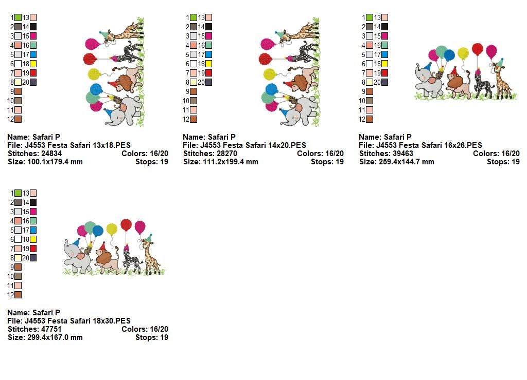 Matriz de Bordado Festa no Safari com Elefante, Leão e Amigos – Ponto Cheio