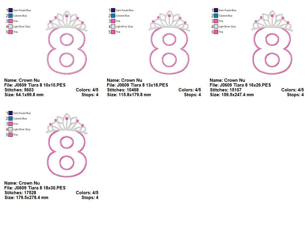 Matriz de Bordado Número 8 com Coroa de Princesa – Aplique
